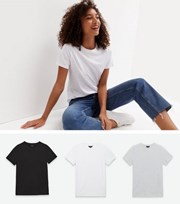 New Look 3 Pack Black White and Light Grey Crew Neck Short Sleeve T-Shirt